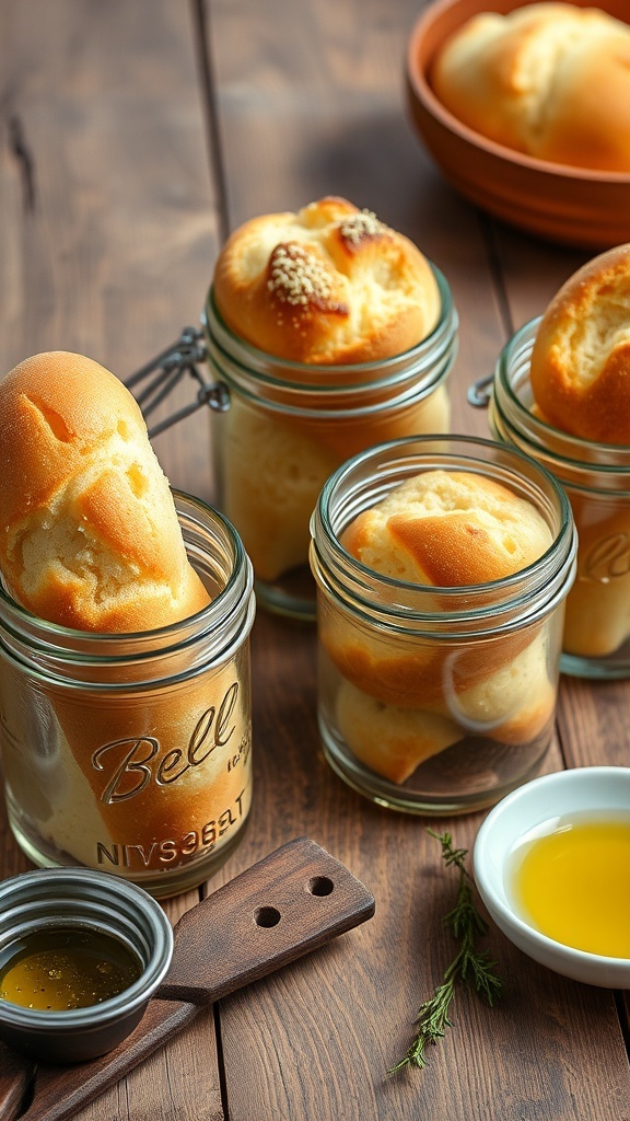 Four jars of freshly baked bread on a wooden table, with herbs and olive oil.